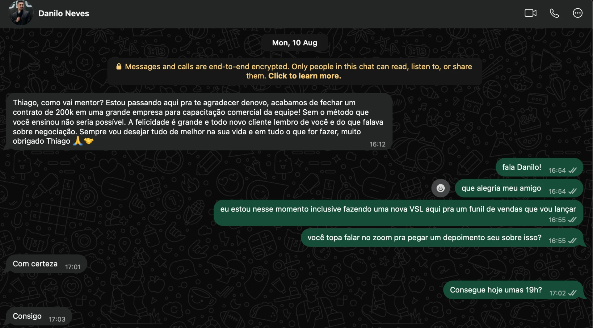 Print de conversa no WhatsApp em que Danilo agradece e conta que fechou um contrato de 200 mil reais